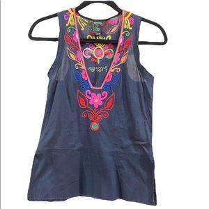 Miss 60 Mexican Floral Bohemian Embroidered Cotton Top XS